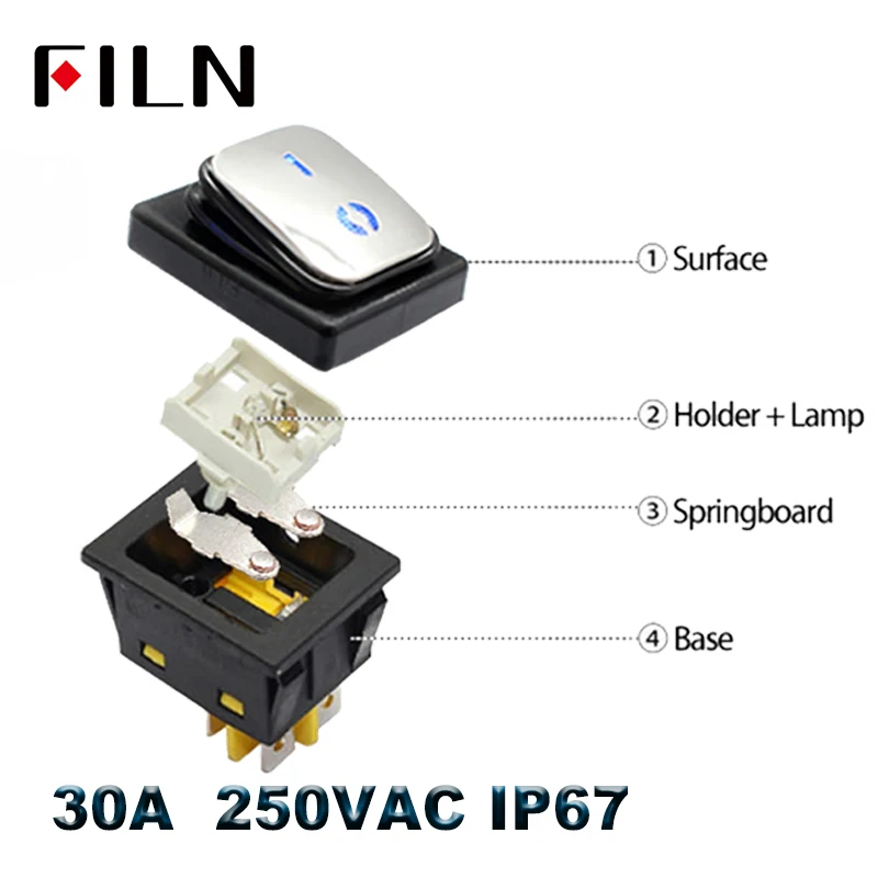 Сверхмощный Водонепроницаемый IP67KCD4 рокер 30A 250VAC из нержавеющей стали