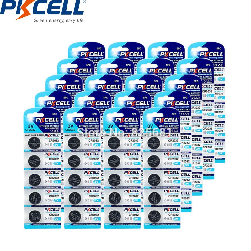 100 шт. PKCELL CR2032 3V литиевая батарея таблеточного типа для Батарея BR2032 DL2032 ECR2032 CR 2032 литиевые батареи для smart watch, глухих, с внутриканальными наушниками