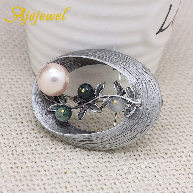 Ajojewel Овальный Винтаж цветок брошь с имитацией жемчуга и зелёный полудрагоценный