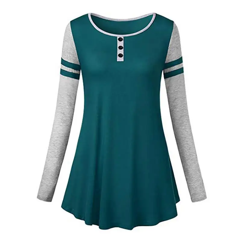 Women Autumn Long Sleeve T-Shirt Solid Sexy O-Neck Patchwork Button Pleated Female Casual Streetwear Tops Tshirts WS9753P | Женская