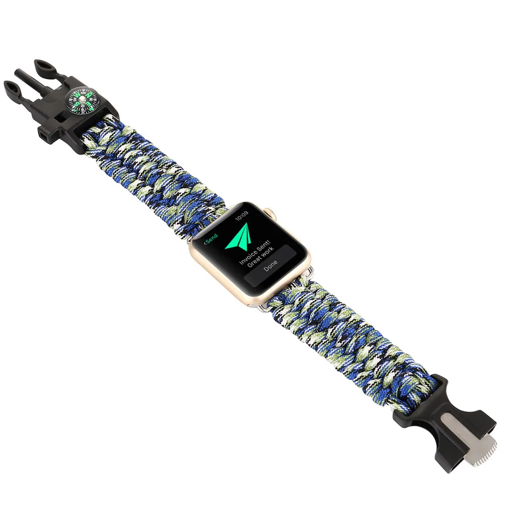 Прочной нейлоновой веревки ремешок для наручных часов Apple Watch iwatch серии 1 2 3 38, 42 мм, версия компас военный тактический парашютный шнур выживания ремешок на открытом воздухе