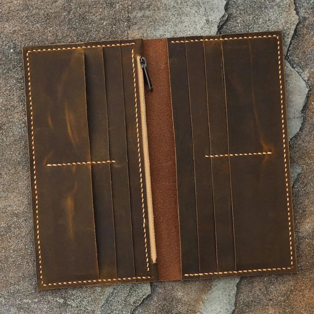 Personalized Distressed Leather Men Women long wallet / slim vertical bifold leather clutch card holder travel wallets | Багаж и сумки
