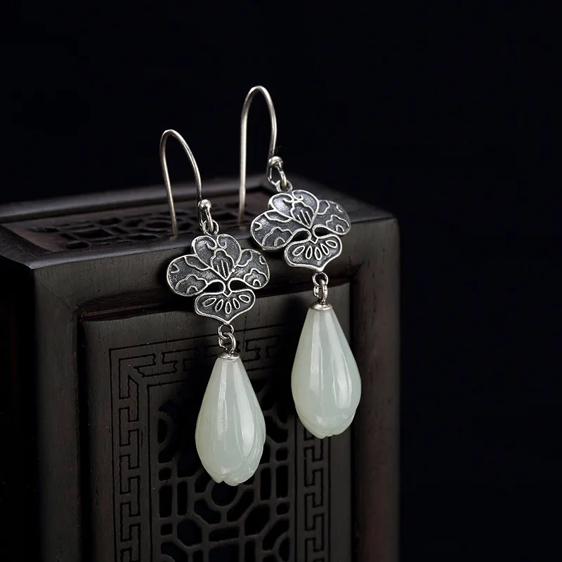 

S925 pure silver inlaid natural restoring ancient ways ms hetian jade magnolia flower lotus pendant earrings wholesale