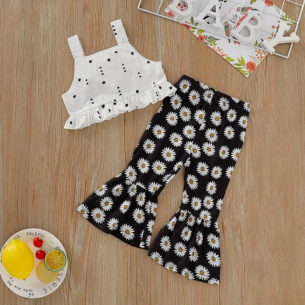 Комплекты для детей жилет без рукавов с оборками маленьких девочек Топы + штаны