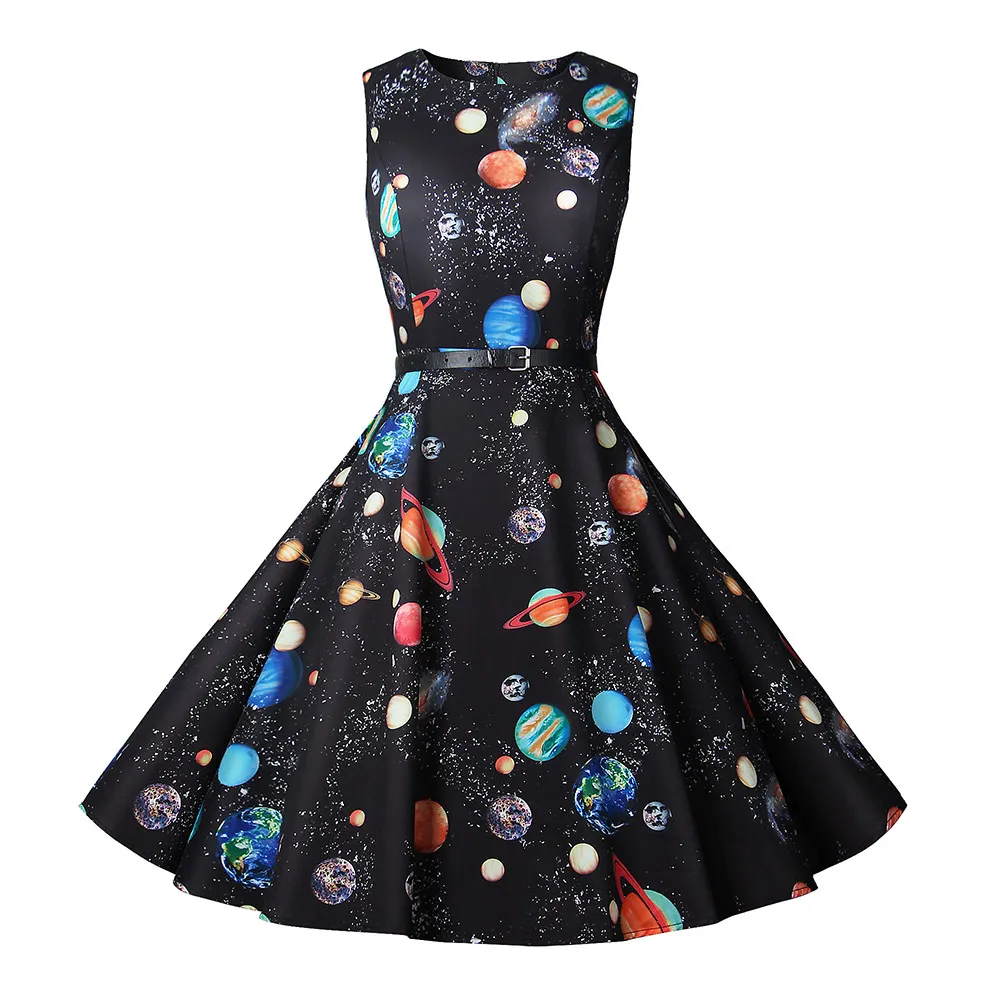Красный Summer Dress Women New Cosmic Planet Print Vintage Dress With Belt Sleeveless Elegant Party Retro Dresses Sundress Vestido - Цвет: Красный