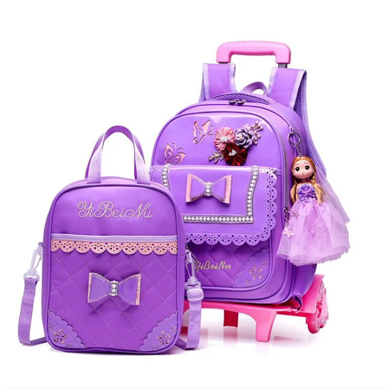 purple Школьные сумки на колесиках для девочек-подростков, 3 колеса, Детская сумка на колесиках, детский школьный рюкзак, водонепроницаемый нейлоновый рюкзак, большая ВМЕСТИТЕЛЬНОСТЬ - Цвет: purple