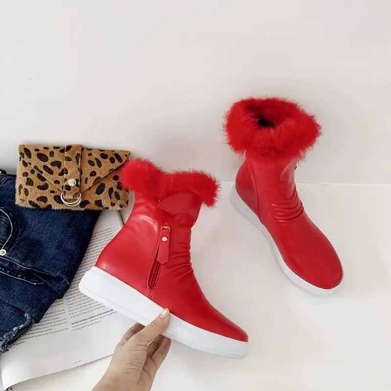 Cloth inside red EGONERY/уличные зимние сапоги; женская обувь на плоской платформе; Прямая ; очень теплые плюшевые зимние ботильоны с круглым носком; цвет белый, черный, красный - Цвет: Cloth inside red