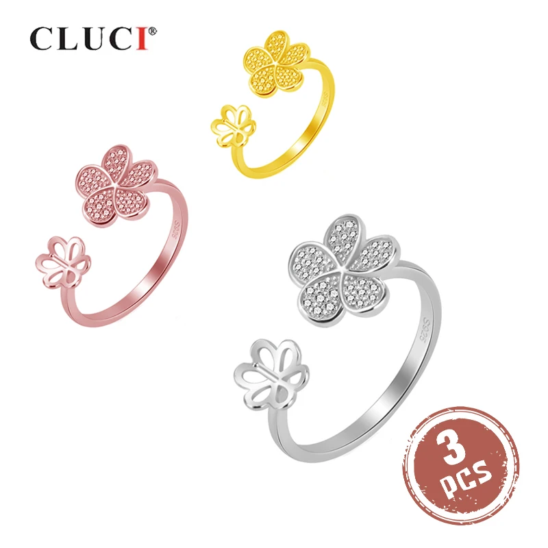 

CLUCI 3pcs 925 Sterling Silver Adjustable Flower Rings for Women Wedding Jewelry Silver 925 Pearl Ring Mounting Gift SR2110SB
