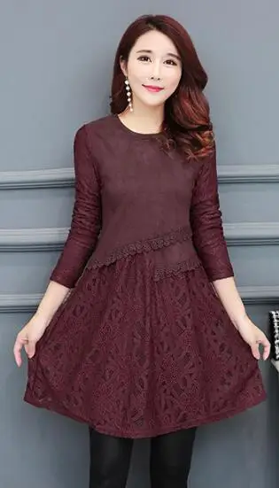 wine red Весна-осень, базовое мини-платье,, женская мода, темперамент, леди, пэчворк, открытая Кружевная туника, мини-платье 1219 - Цвет: wine red