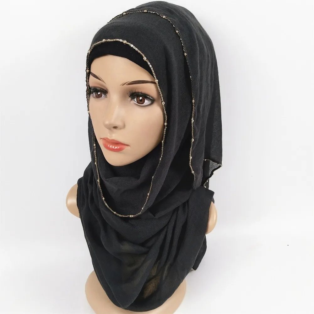 Оптовая продажа вуали завод Золотая цепь хлопок хиджаб шарф Pom pom для женщин