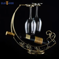 practical iron made pirate ships shaped red wine bottle rack and cup hanger liquor wine rack
