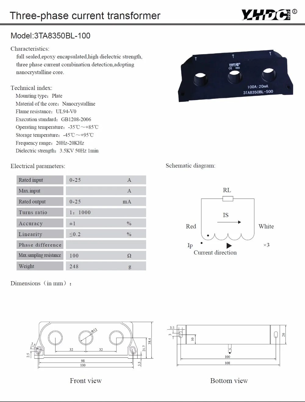 3TA8350BL-100 25A: 25mA 1:1000 трехфазный curernt трансформатор