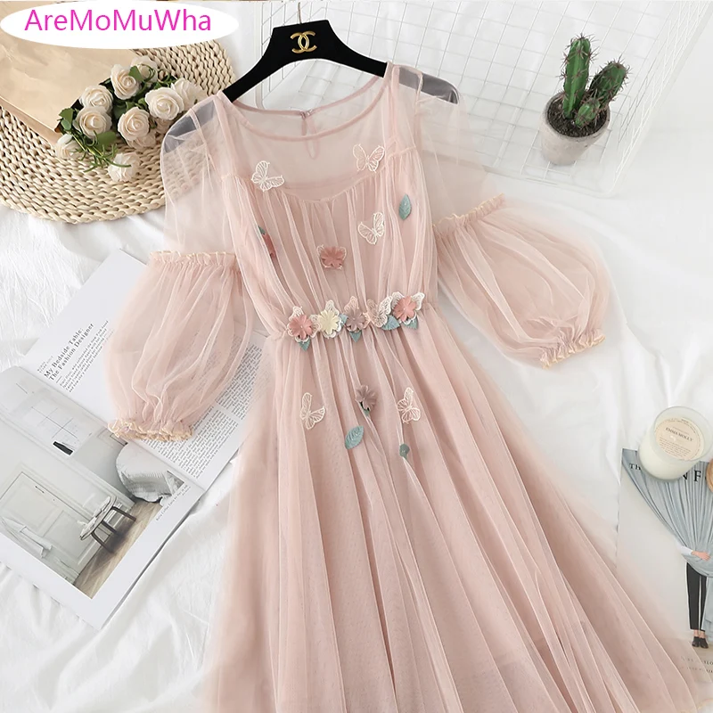 

Новинка 2018, милое платье с 3D бабочкой и цветочным принтом, женское Сетчатое платье с рукавами-фонариками и аппликацией, бальное платье для в...