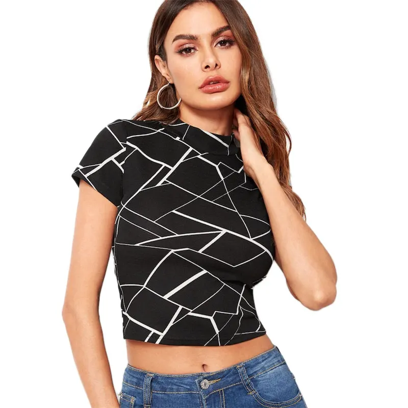 SHEIN Женская Повседневная футболка с геометрическим принтом, короткий рукав, стоячий воротник, летняя Приталенная футболка, короткий топ,, женские топы