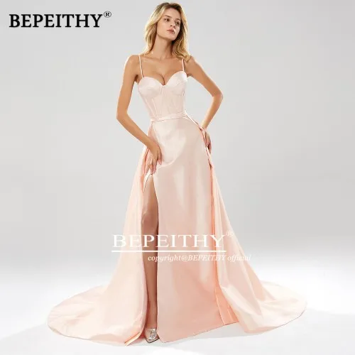 Розовый BEPEITHY Robe De Soiree блестящие вечерние платья на бретельках со струящимся высоким разрезом, сексуальные вечерние платья на выпускной, новинка - Цвет: Розовый