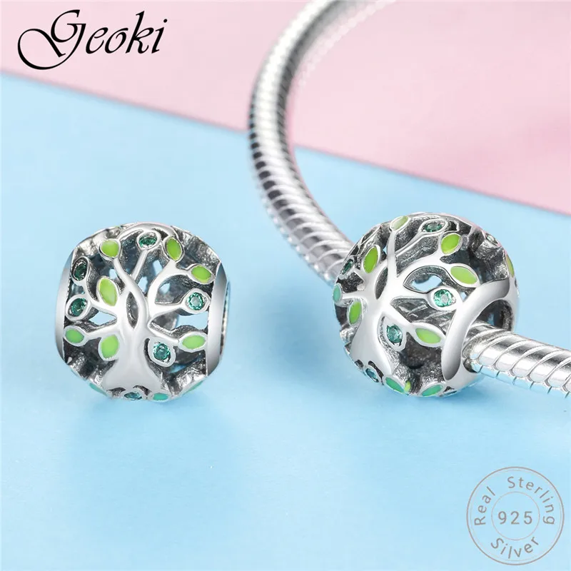 Geoki 925 серебро Семья Древо жизни бусинами fit браслет Pandora Листья Шарм Подвеска Цепочки и ожерелья Аксессуары подарок