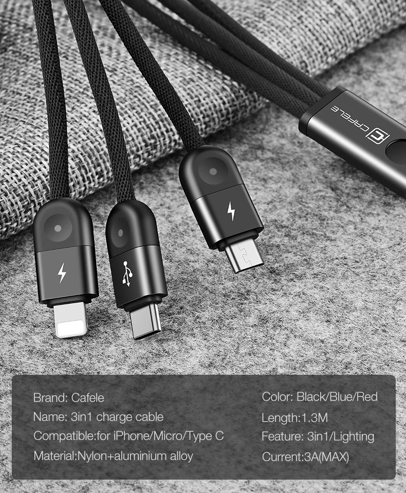Cafele 3в1 светодиодный usb-кабель для iPhone Micro USB type C нейлоновый Плетеный usb-кабель для iPhone huawei Xiaomi Быстрая зарядка