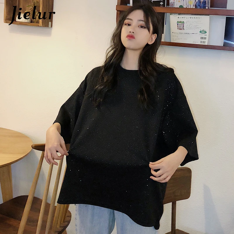 Jielur блестками Свободная Женская футболка лето уличный стиль Harajuku BF с коротким