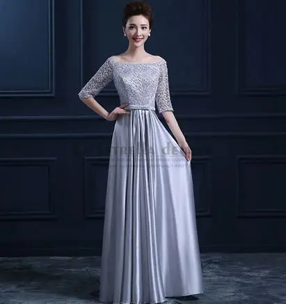 Vestido madrinha, новинка, вырез-лодочка, кружевное, рукав 3/4, длина до пола, бордовое, фиолетовое, королевское, синее, серебряное, белое платье подружки невесты - Цвет: Серебристый
