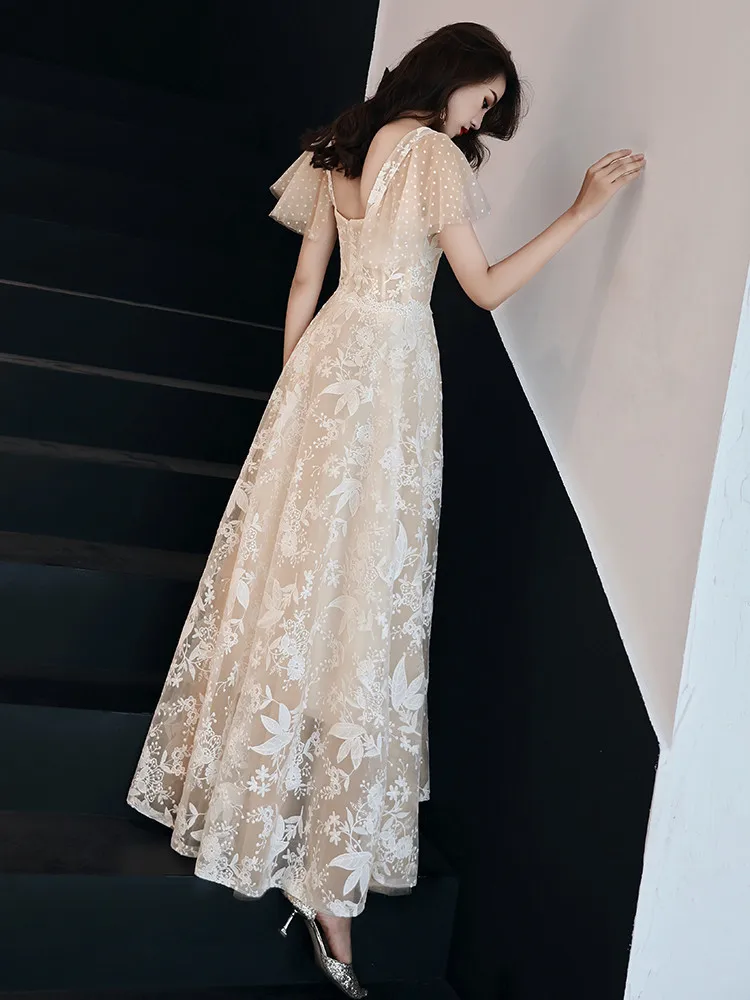

Elegant Long Evening Dress New Style Tulle Lace Robe De Soiree Flower Abiye Prom Party Gown Evening Gowns