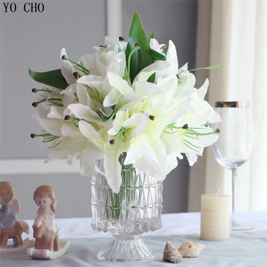 Wedding flowers 14 Heads/bouquet Artificial Lily silk flower fleur artificielle artificial flowers in decorative pots Multicolor