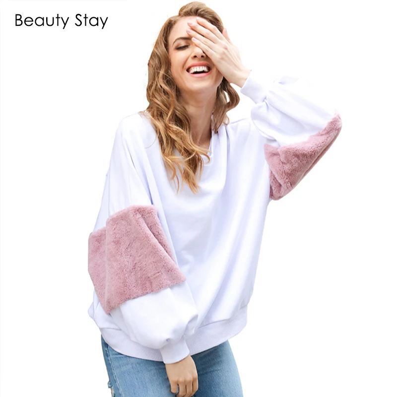 BeautyStay Loose Faux Fur Women Hoodies Sweatshirs Autumn Winter Long Sleeve Pullover Girl Oversize Patchwork Female Sweatshirt | Женская