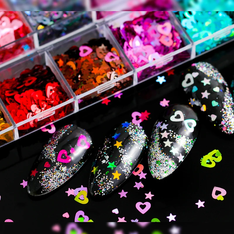 

12 Colors Acrylic Circle Nail Glitter Sequins Set For Nail Art Tips Decoration Supplies Beauty Manicure Tool Heart
