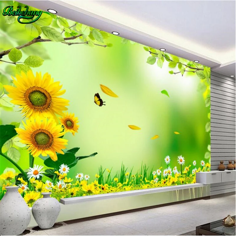 Обои на заказ с зелеными свежими бабочками и подсолнухами|wallpaper mural|nonwoven wallpapercustom
