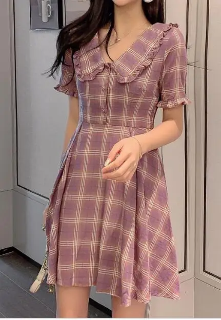 cute dress Вечерние платья для свиданий, лидер продаж, женская одежда в японском стиле, дизайнерское ТРАПЕЦИЕВИДНОЕ Плиссированное Платье-рубашка с воротником Питер Пэн, фиолетовое платье в клетку, винтажное платье 6126 - Цвет: cute dress
