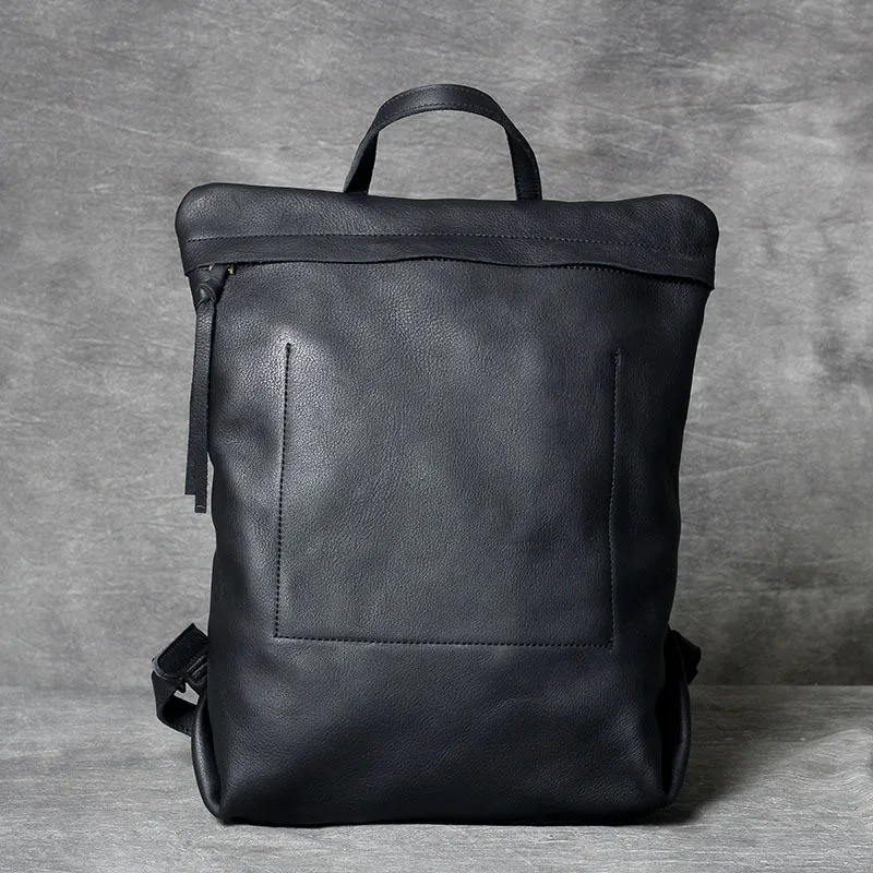 Black PNDME high quality fashion cowhide men's women's backpack casual simple daily light genuine leather black travel laptop bagpack - Цвет: Black