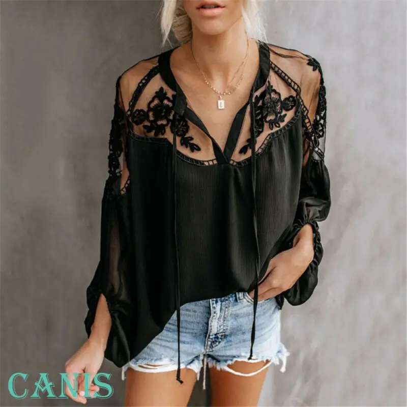 

Women Summer Perspective Lace Casual Tops Ladies Long Sleeve Chiffon Blouse Women Lace Patchwork V-neck Shirt Top blusa feminina