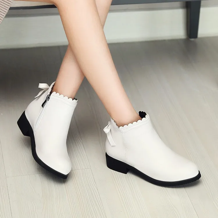 Ботинки с круглым носком на толстом каблуке низком бантом боковая молния модные