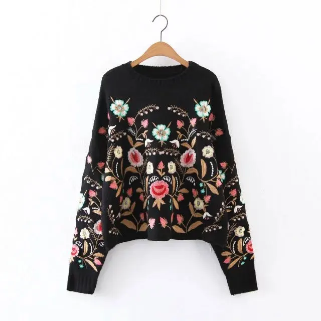Symmetric Botanical Embroidered Jumper Black Long Sleeve Casual Boho Pullovers 2017 Autumn Ladies Sweaters | Женская одежда