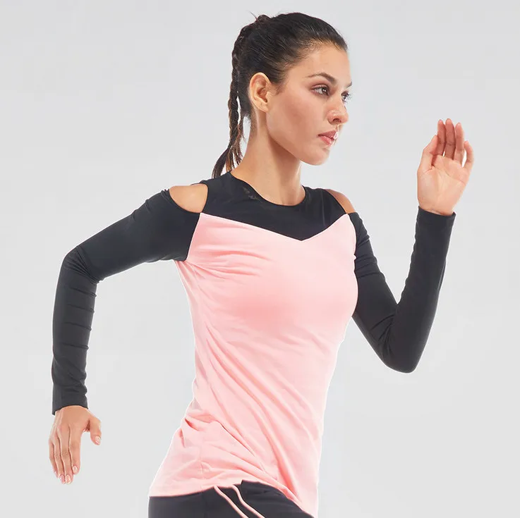 С длинными рукавами с вырезами на плечах сексуальный женский топ для йоги