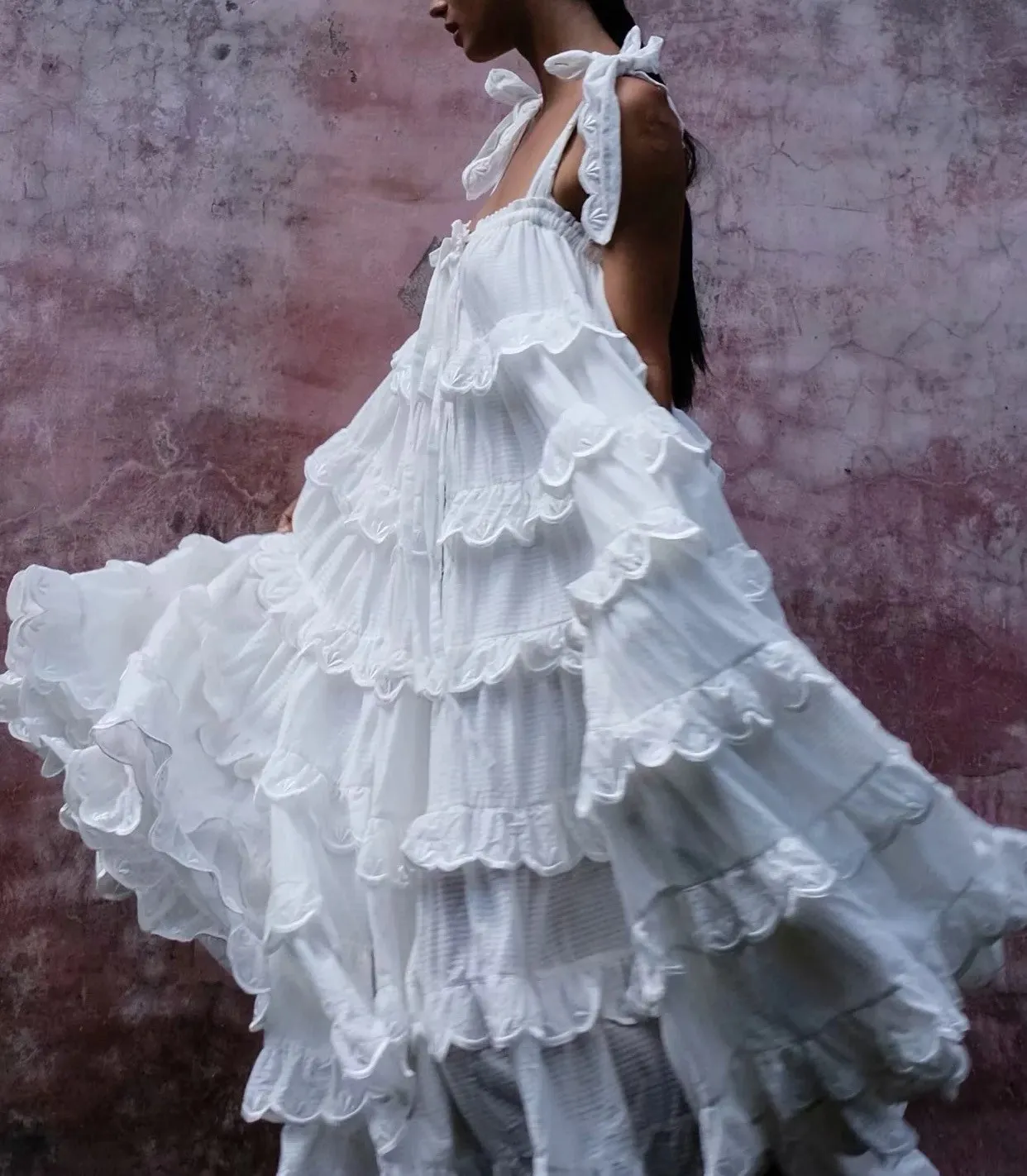 2019 женское летнее винтажное платье с открытой спиной каскадные оборки кружевные