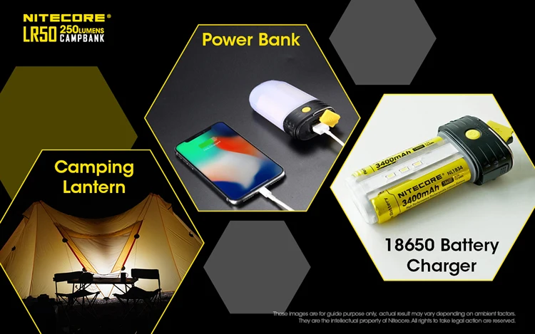 NITECORE LR50 открытый Мощность банка+ Кемпинг Фонари+ Батарея Зарядное устройство 3in1 9xCRI светодиоды 250LMs+ 2x3400 мАч 18650 клапанным NL1834