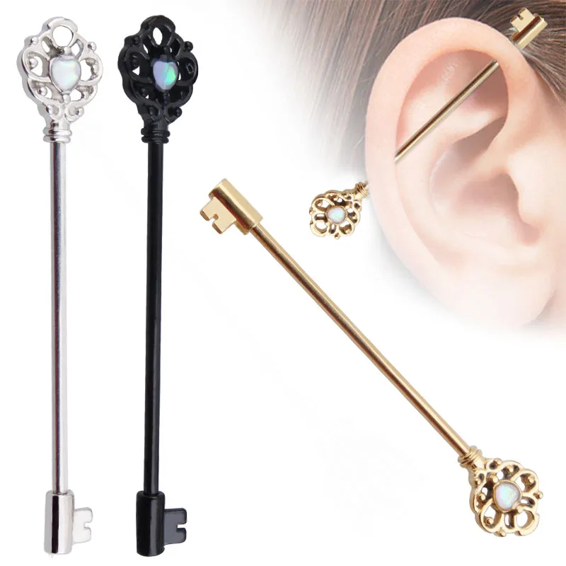 

Wholesale New Industrial Cartilage Piercing Bar Stainless Steel Opal Stone Key Barbell Long Straight Gold Color Women Men Body