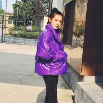 Purple Зимнее женское пальто большого размера с металлическим глянцевым рукавом «летучая мышь», короткая пуховая куртка, Женская парка, Новое поступление, парка с хлопковой подкладкой - Цвет: Purple