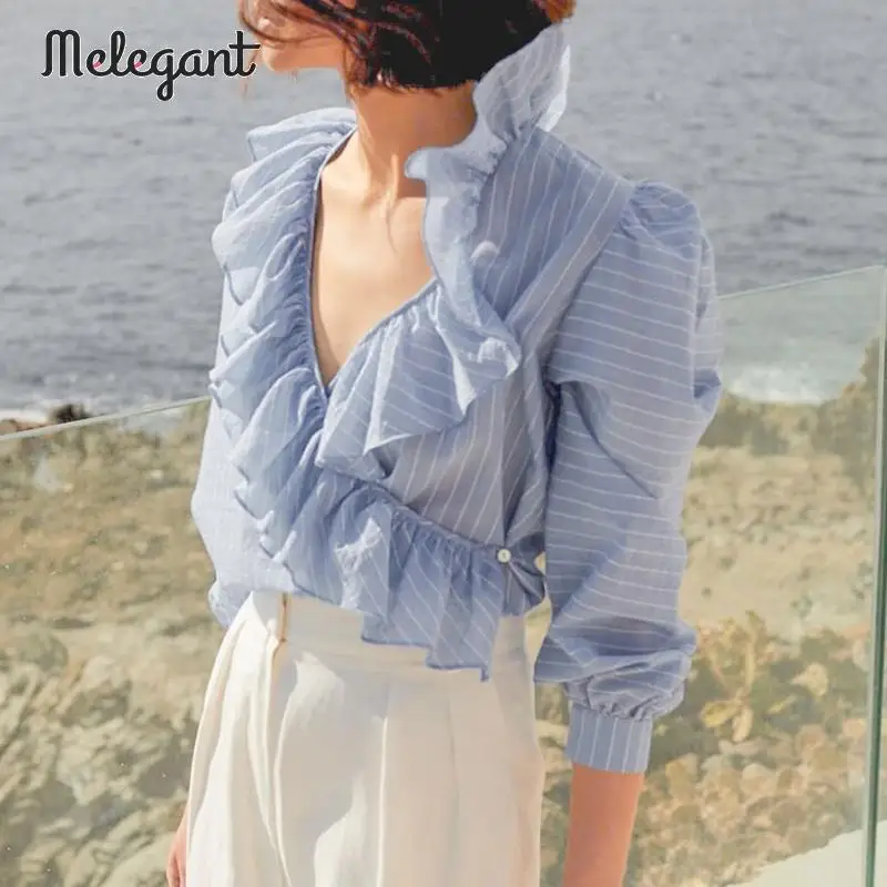 Женская блузка в полоску mэлегантная синяя Повседневная Блузка с рукавами