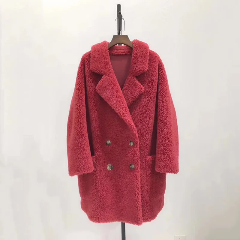 red Новое поступление, зимнее шерстяное пальто из овечьей шерсти, пальто с отложным воротником, дизайнерское шерстяное меховое пальто для женщин - Цвет: red
