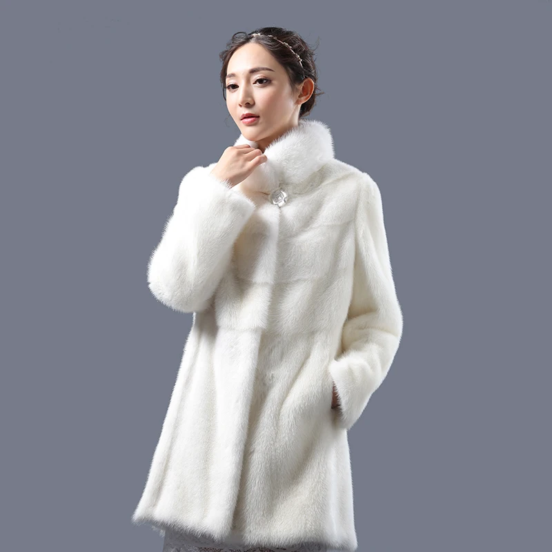 

Женское пальто из натурального меха норки, белое пальто с воротником-стойкой, зима 2019