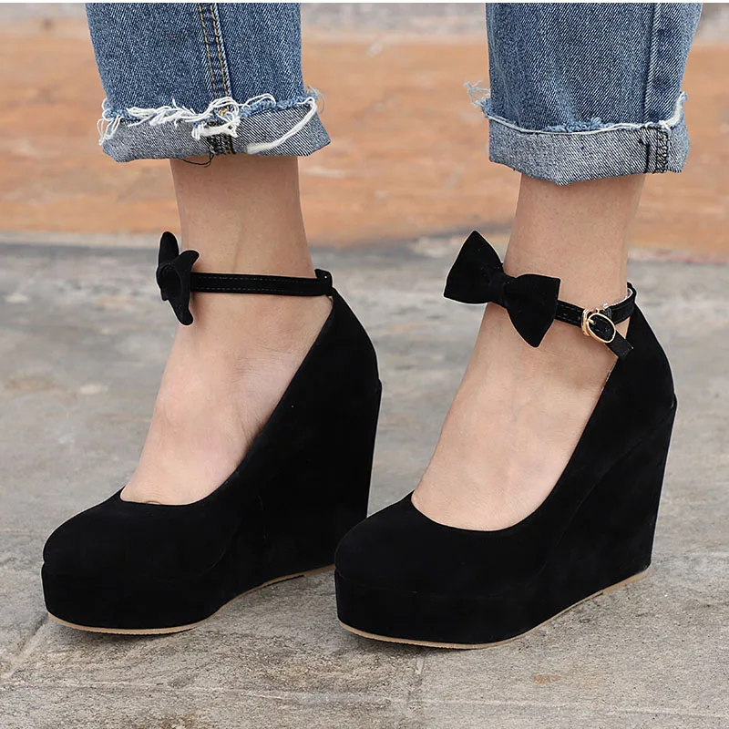 

Women High Heels Shoes Plus Size Platform Wedges Female Pumps Elegant Flock Buckle Bowtie Ankle Strap Party Wedding Shoe