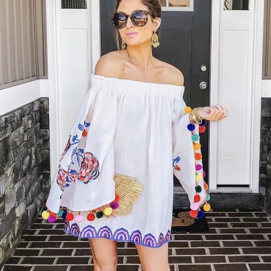 TEELYNN Boho white blouse for women floral Embroidery sexy off shoulder summer flare long sleeve blouses blusas |