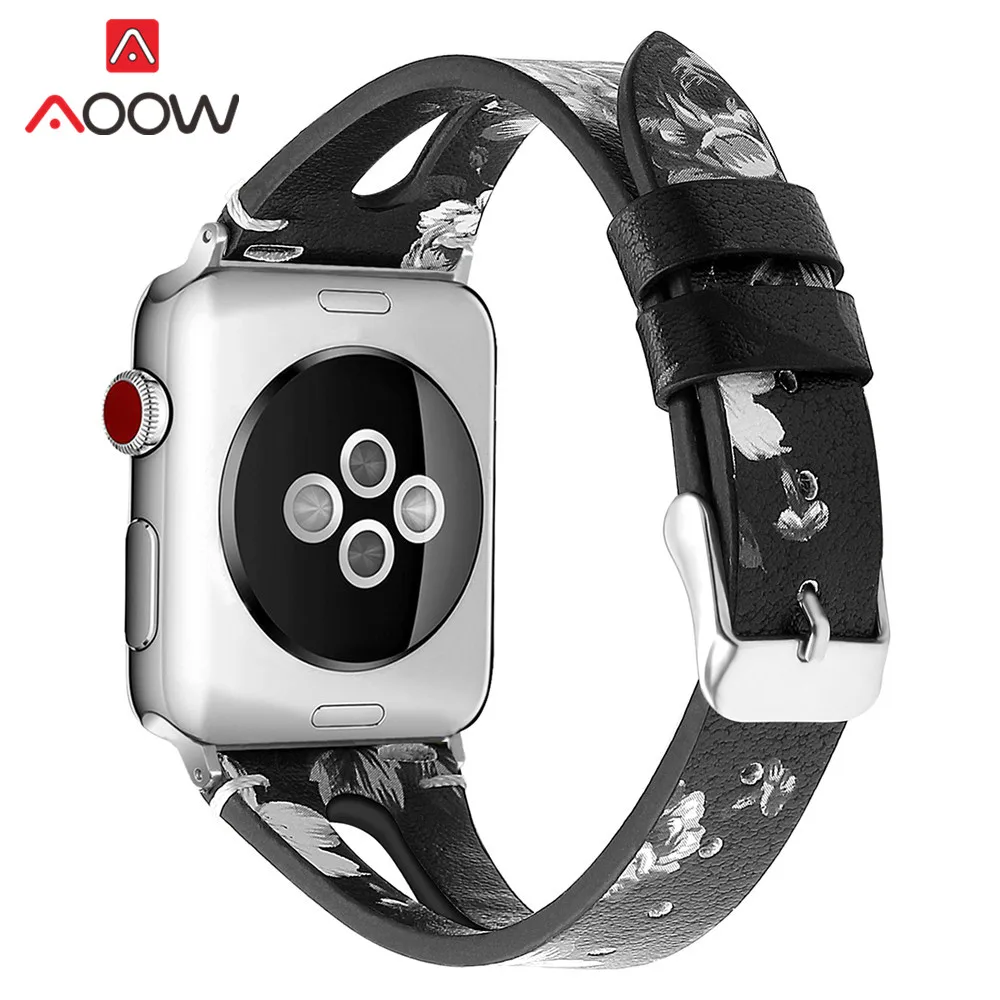 Grey flower Ремешок из натуральной кожи с принтом для Apple Watch 40 мм 44 мм для iwatch 38 мм 42 мм ремешок серии 4 3 2 1 браслет аксессуары - Цвет ремешка: Grey flower