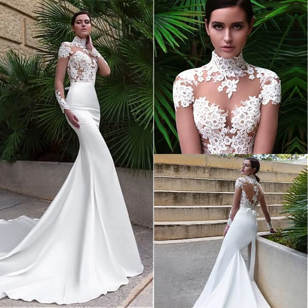 

Elegant High Neckline Mermaid Wedding Dresses With Lace Appliques Long Sleeve Sexy See Through Bodice Bridal Gowns Lace 2019