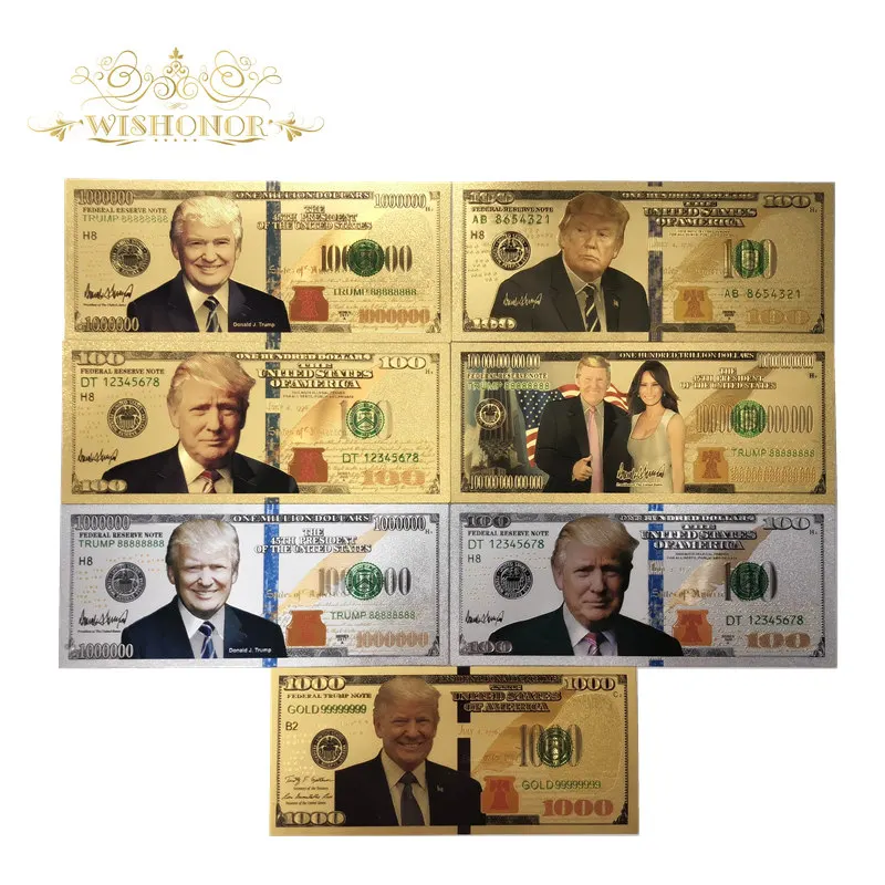 Наборы банкнот Trump для Америки 7 шт./лот купюры в долларах 24 к с золотым и