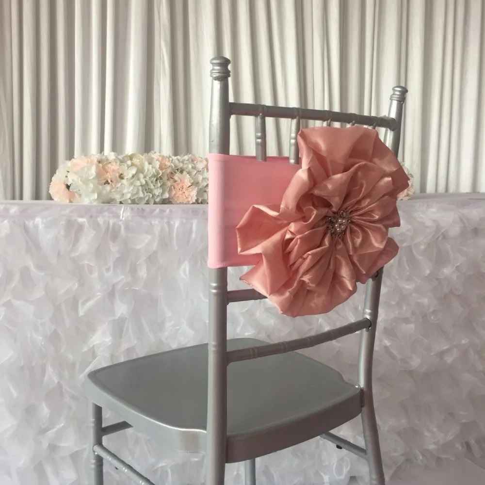 Hot Sale 50pcs or 100pcs White Pink Miracle Taffeta Big Flower With Brooch Spandex Chair Band for Wedding Party | Дом и сад