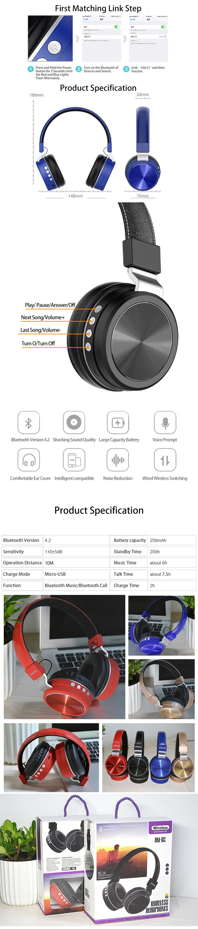 HM02 наушники беспроводные наушники с микрофоном Стерео bluetooth-гарнитура с проводом