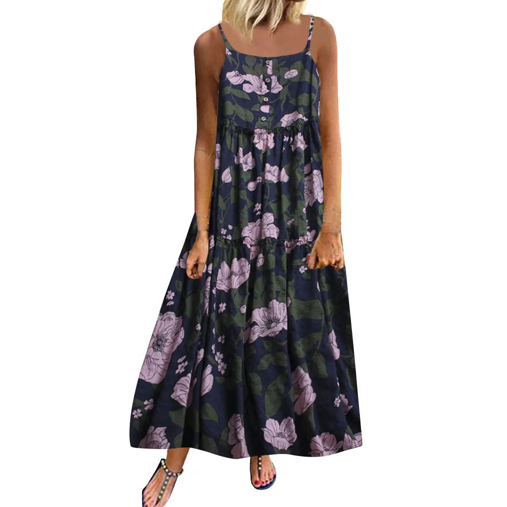 Female clothing Women Plus Size Button Loose Sleeveless Boho Retro Linen Print Long Maxi Dress Elegant Women's Bodycon#5