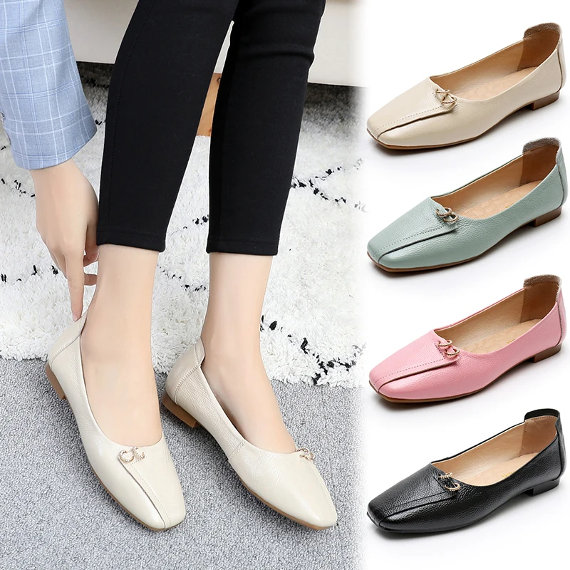 Туфли OUKAHUI женские на низком каблуке натуральная кожа квадратный носок балетки